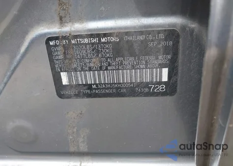 2019 Mitsubishi Mirage Es из США, поврежденный, VIN ML32A3HJ5KH000541